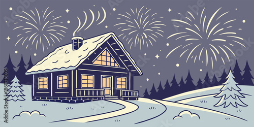 Snowy Chalet with Fireworks on New Year's Eve