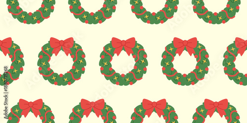 Simple seamless pattern with festive Christmas wreaths decorated with red bows, balls, stars. Cute flat illustration for holiday wrapping paper, packaging, textiles, print, background, seasonal decor.