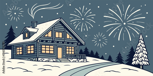 Snowy Chalet with Fireworks on New Year's Eve