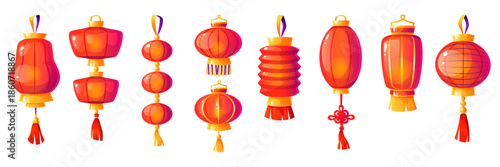 Asian lantern, Chinese paper lantern of different shapes. A traditional element of the Chinese New Year. Round, double, oval, glowing. Chinese New Year decor.