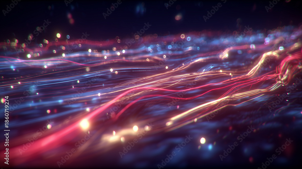 Obraz premium Abstract flowing light waves representing digital energy transmission and dynamic data movement.