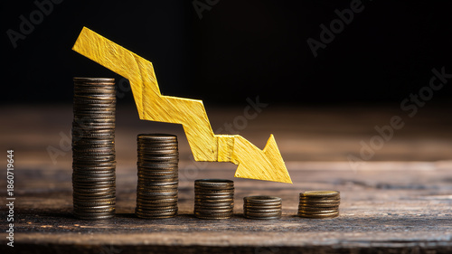 A descending arrow positioned over stacks of coins illustrating financial loss, economic decline and decreasing investment value.
