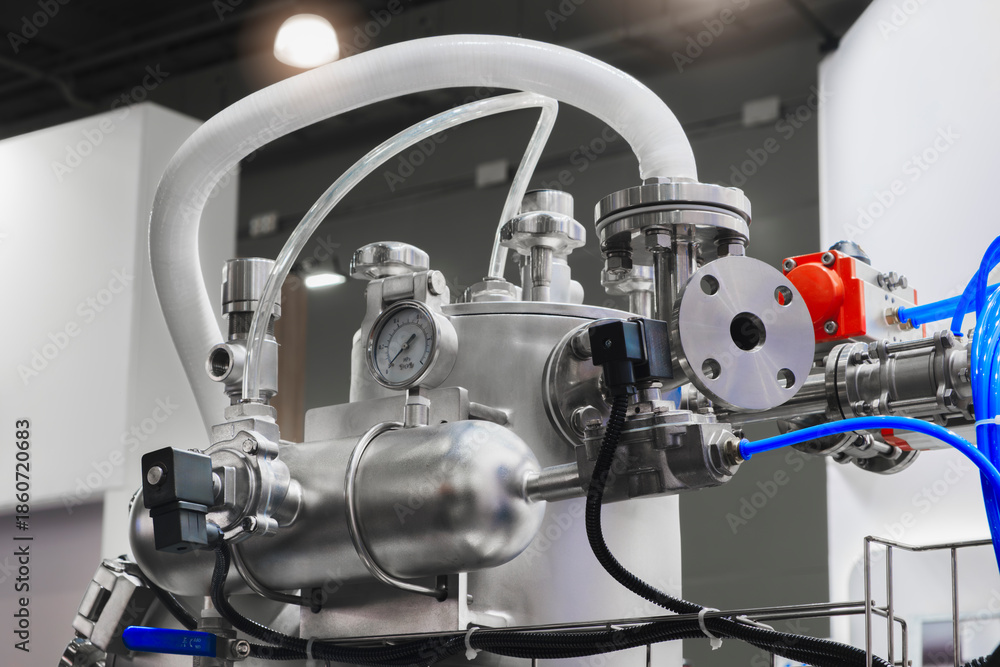 Obraz premium Large industrial machine in pharmaceutical factory with many stainless steel pipes, taps and other parts, industrial pharmaceutical concept