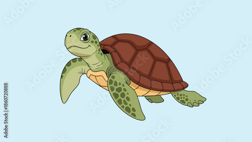 Green Sea Turtle Swimming Cartoon Illustration.