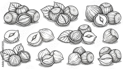 Hazelnuts with leaves in hand drawn style in monochrome illustration on white background for packaging design