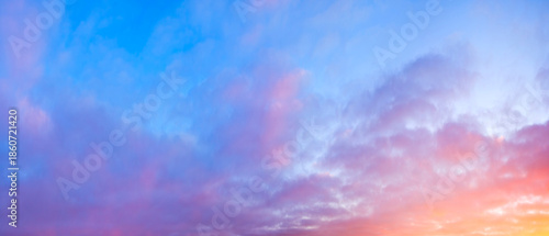 Beautiful bright dramatic sunset sky wide panorama view