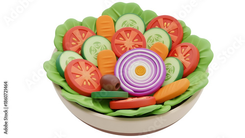 Clay model of a fresh green salad in a light beige bowl, filled with sliced red tomatoes, green cucumbers, orange carrots, purple onions, and a dark brown olive, isolated on white background