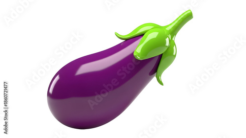 Glossy 3D rendered purple eggplant with green stem and leaves, isolated on white background