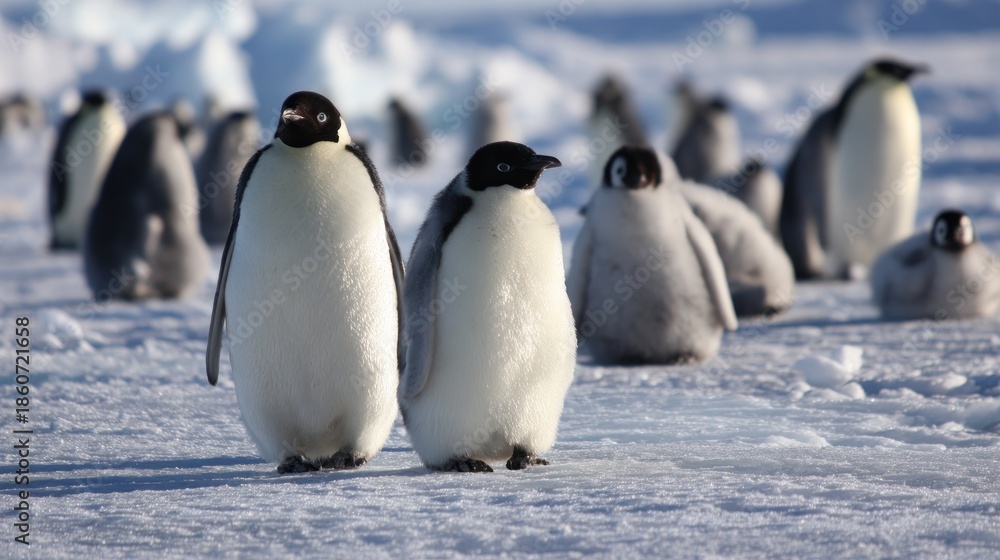 Obraz premium Two adult and several young penguins stand on icy terrain.
