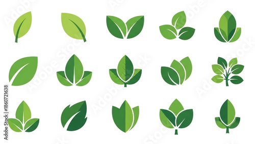 Green Leaves Icons Set in Flat Design with Various Shades and Simple Shapes for Eco-Friendly Branding