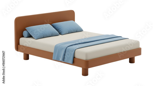 Modern brown wooden bed with rounded headboard, two light blue pillows, one light blue bolster pillow, light blue blanket, and white mattress isolated on white background