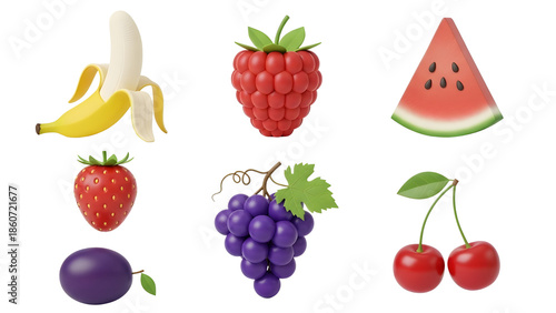 Fruit 3D icon collection. Includes banana, raspberry, watermelon slice, strawberry, plum, grapes, and cherries symbols. Created in glossy 3D style with vibrant color palette