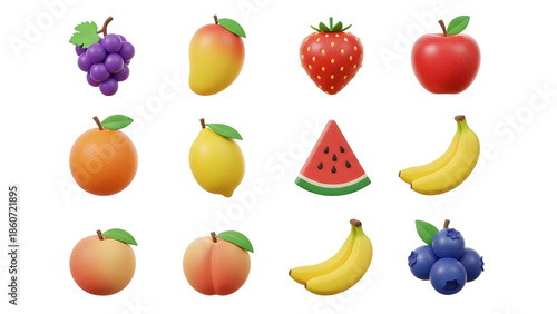 Set of Cute 3D Rendered Fruits Collection Isolated on White Background