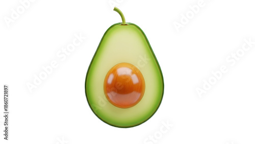 Single green avocado half with a smooth, glossy brown pit, isolated on white background