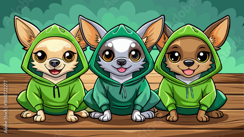 Three chihuahua dogs wearing green hoodies sitting together on wooden surface adorable playful pets cozy casual fashion cute small dogs ultra realistic stock photography charming scene.