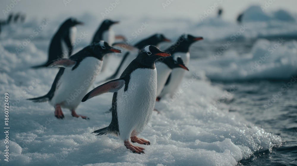 Obraz premium Gentoo penguins march across ice near dark ocean water.