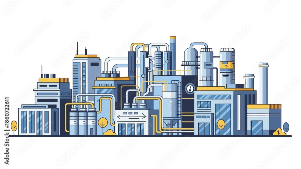 Obraz premium Modern industrial complex with multiple buildings, pipes, and tanks, illustrating chemical processing and manufacturing operations