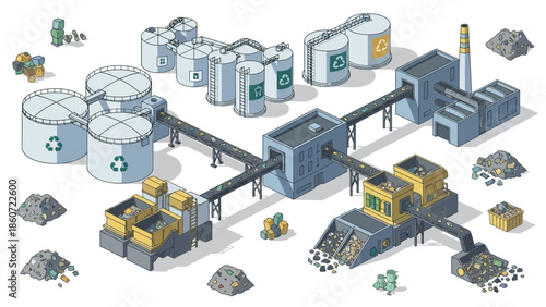 Isometric illustration of a waste management and recycling plant with various stages of processing and disposal