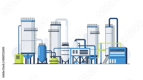 Industrial complex with multiple towers and pipelines, representing chemical processing and manufacturing plants