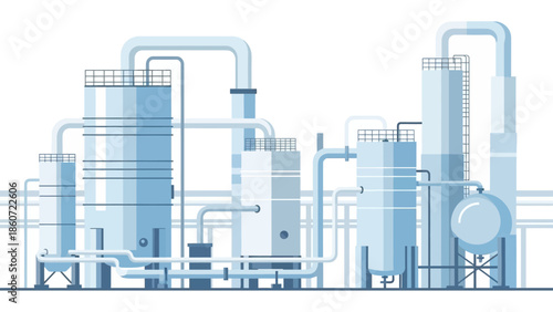 Industrial production facility with chemical plant towers and pipelines in a simplified flat illustration style
