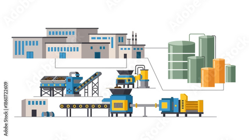 Industrial production process with manufacturing plant, machinery, and storage tanks illustrating automated factory operations and production lines
