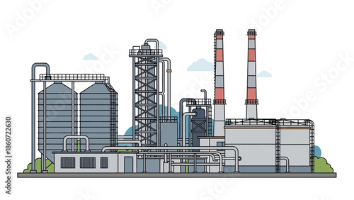 Modern industrial factory with tall chimneys and storage silos, symbolizing industry and manufacturing