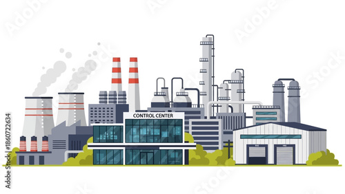 Industrial plant with control center and smoking chimneys, representing energy production and manufacturing