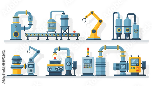 Industrial factory manufacturing processes with automated machinery and robotic arms, conveying assembly line technology