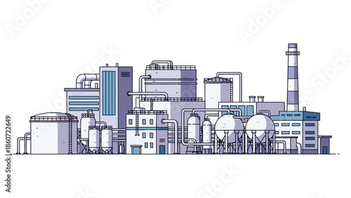 Modern industrial complex with pipes and tanks, showcasing a stylized illustration of a manufacturing plant