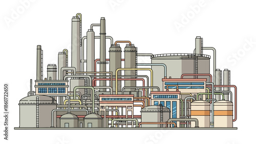 Industrial Complex with pipes and tanks, chemical processing plant, oil refinery, manufacturing facility, factory illustration