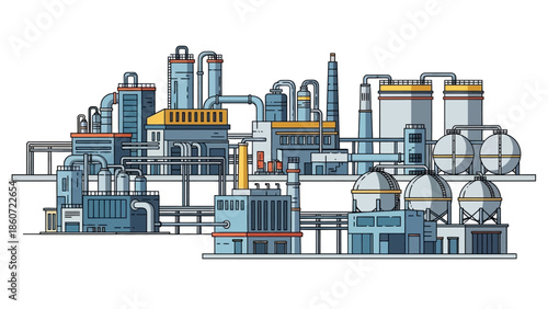 Industrial complex with multiple pipelines and storage tanks, showcasing manufacturing and production infrastructure