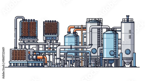 Industrial plant with intricate piping and large cooling towers, representing manufacturing and heavy industry