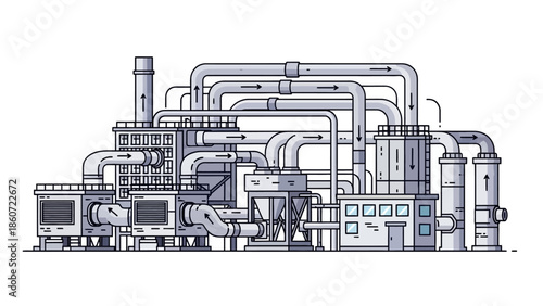 Industrial manufacturing plant with complex pipe system and administrative building, representing modern production