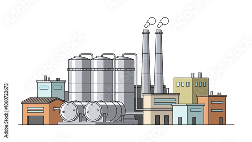 Industrial complex with multiple buildings, smokestacks emitting fumes, and storage tanks, symbolizing industry and manufacturing