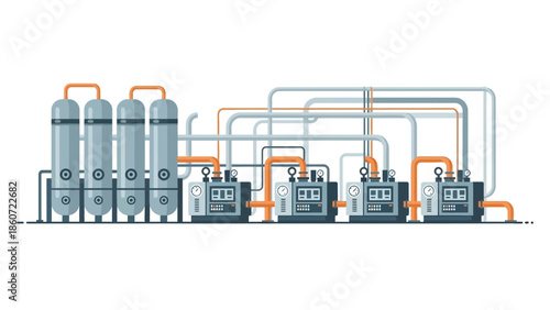 Industrial processing plant with pumps and filtration systems, clean energy infrastructure concept