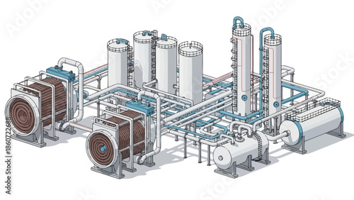 Industrial plant illustration showing a complex network of pipes, tanks, and machinery, representing energy production and chemical processing
