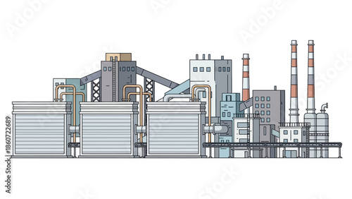 Industrial complex with storage tanks, silos, and smokestacks, representing manufacturing and production processes