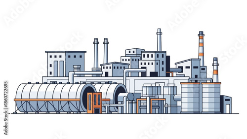 Modern Industrial Factory Complex with Large Silos and Chimneys, representing manufacturing and production