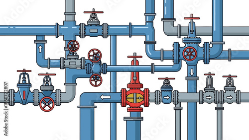 Complex plumbing system illustration with various pipes, valves, and connectors on a white background
