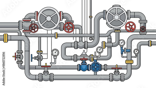 Complex industrial pipe system with valves and gauges, depicting engineering and infrastructure