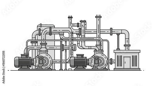 Industrial water pumping station with pumps and pipes, schematic illustration of engineering system