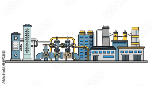 Industrial complex illustration with machinery, pipes, and buildings representing manufacturing and production processes