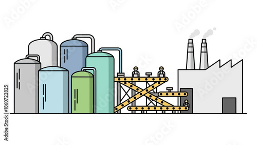 Industrial Facility with Storage Tanks and Smokestacks Illustrating Manufacturing and Production Processes
