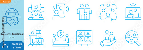 Types of Strategy line editable icon set. Contain icons related to business and strategic management : Business, Functional, corporate, Operational, and more. Editable icon set. Vector illustration