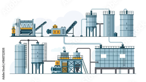 Industrial plant machinery for manufacturing processes including crushing, mixing, and storage tanks