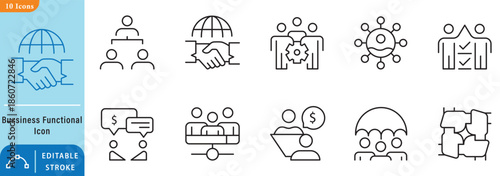 Types of Strategy line editable icon set. Contain icons related to business and strategic management : Business, Functional, corporate, Operational, and more. Editable icon set. Vector illustration