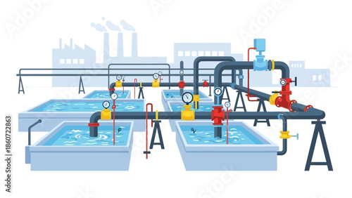 Industrial water treatment facility with pipes, gauges, and large tanks