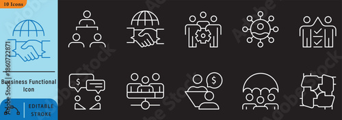 Minimal process flow icons for business logic and operational systems.
