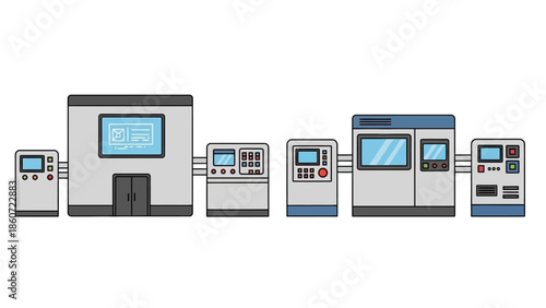 Modern industrial automation equipment and control systems in a factory setting