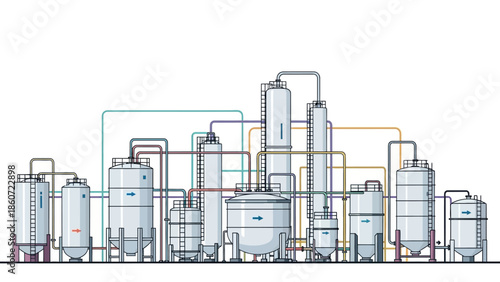 Industrial plant illustration with interconnected tanks and piping systems